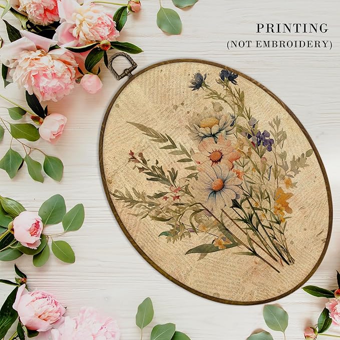 MAQIKA Vintage Floral Oval Framed Wall Art Decor, Boho Flower Wall Decor, Botanical Daisy Oval Wall Hanging Decor, Farmhouse Plant Canvas Prints Wall Art for Kitchen Bathroom Dorm Room, 8.7x11.3 Inch