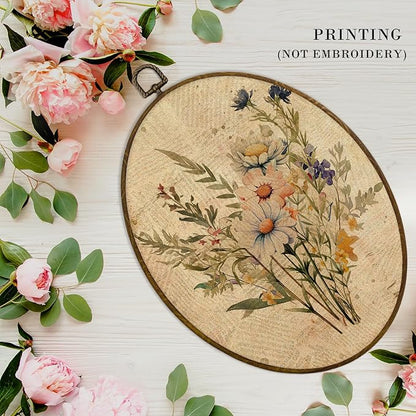 MAQIKA Vintage Floral Oval Framed Wall Art Decor, Boho Flower Wall Decor, Botanical Daisy Oval Wall Hanging Decor, Farmhouse Plant Canvas Prints Wall Art for Kitchen Bathroom Dorm Room, 8.7x11.3 Inch
