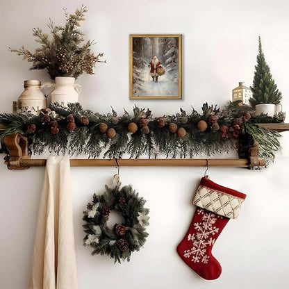 Christmas Wall Art, Vintage Santa Claus Wall Decor, Santa Claus Is Coming To Town Painting Artwork Canvas Prints, Country Winter Christmas Holiday Poster Pictures for Home Bedroom 8x10 Inch Framed