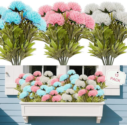 FGSAEOR 12 Bundles Artificial Dandelion Flowers for Outdoor Indoor, Faux Flower with Eucalyptus Leaves Fake Plants Greenery, Garden Home Decor