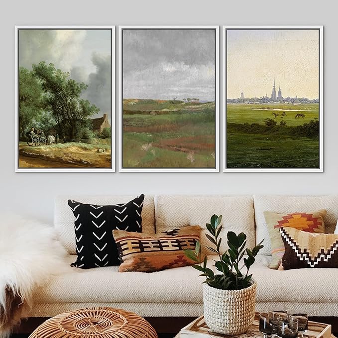 Ashbrook Framed Canvas Print Wall Art Set Farmhouse Country Nature Wilderness Illustrations Fine Art Decorative Floral Botanical Vintage for Living Room, Bedroom, Office - 24"x36"x3 White