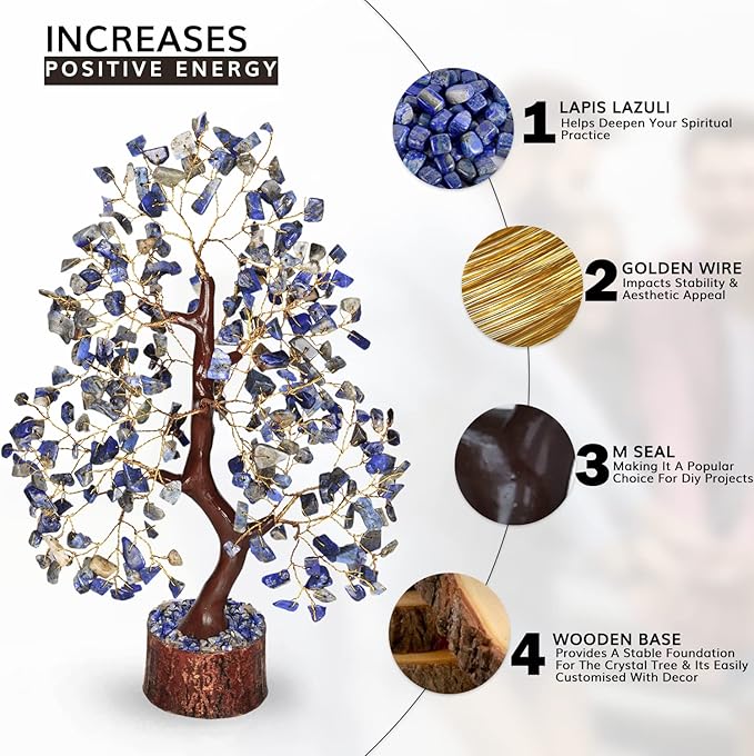 NARIBABU Lapis Lazuli Crystal Tree – 10-12 Inch Gemstone Tree with Golden Wire & Wooden Base – Healing Crystals Decor, Gifts for Her, Birthday Gift for Women, Spiritual Energy