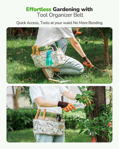 All-in-One Garden Tool Set with Tools Organizer Belt Adjustable, 10-Piece Gardening Hand Tools, Long Lasting Rust-Proof Premium Garden Tool Kit, Gardening Gift for Women Men (Green)