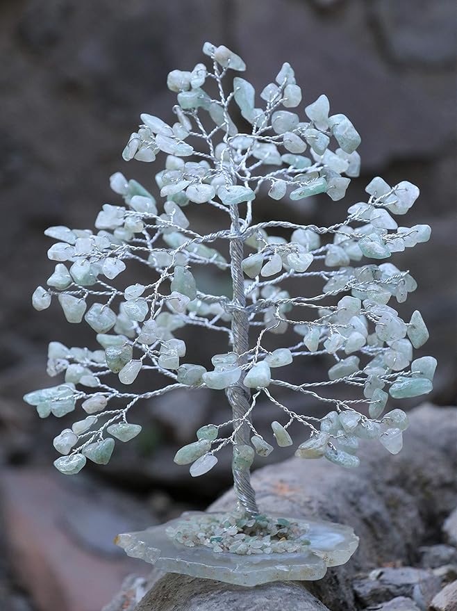 Green Jade Chakra Tree of Life - Crystal for Positive Energy, Geode Agate Slice Base, Handmade Gemstone Bonsai - Feng Shui Decor, Wire Money Tree - Green Healing Crystals, Spiritual Gift