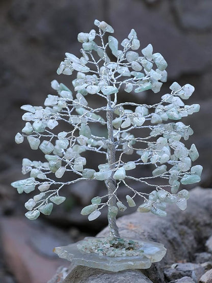 Green Jade Chakra Tree of Life - Crystal for Positive Energy, Geode Agate Slice Base, Handmade Gemstone Bonsai - Feng Shui Decor, Wire Money Tree - Green Healing Crystals, Spiritual Gift
