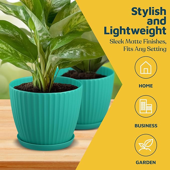 Aqua 6-Inch Plant Pots with Drainage & Saucers 24 Pack, Indoor & Outdoor Planters for Houseplants, Herbs, and Flowers, Durable & Weatherproof Material, Stackable, Lightweight, Minimalist Design