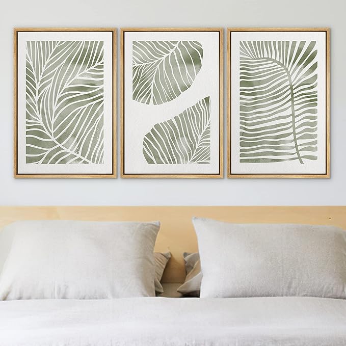Ashbrook Framed Canvas Print Wall Art Set Abstract Jungle Green Pastel Plants Nature Wilderness Illustrations Modern Art Rustic Chic Colorful for Living Room, Bedroom, Office - 24"x36"x3 Natural