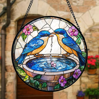 Stained Glass Window Hanging, 2 Blue Birds Suncatcher Diamond Glass Panel Hangings Bird Lover Sun Catchers Decor for Birthday for Women, Men, Wife, Aunt, and Mom 6.3 in