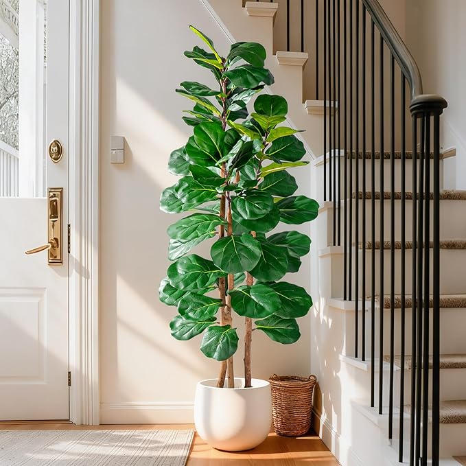 Artificial Fiddle Leaf Fig Tree 5FT, Faux Fig Tree Indoor with Natural Wood Trunk & Realistic Leaves with Moss Pot Fake Ficus Tree Large Faux Floor Plant for Living Room Home Decor, House Plant