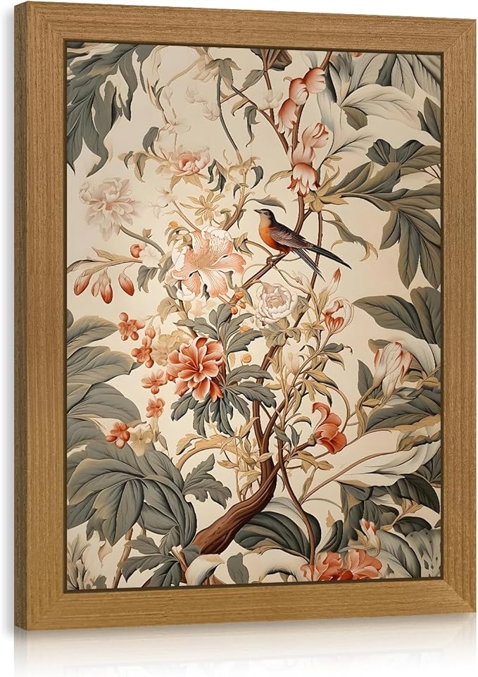 CAZLOUC Vintage Neutral Botanical Wall Art, Retro Beige Green Wall Decor, Garden Bird Floral Canvas Artwork, Classic Botanical Nature Poster Print for Living Room Bedroom Wood Framed 8x10 Inch