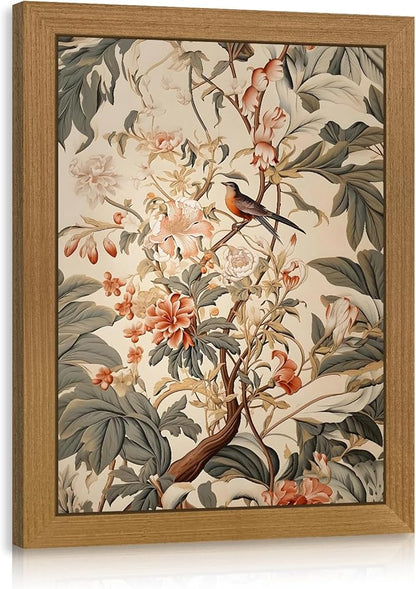 CAZLOUC Vintage Neutral Botanical Wall Art, Retro Beige Green Wall Decor, Garden Bird Floral Canvas Artwork, Classic Botanical Nature Poster Print for Living Room Bedroom Wood Framed 8x10 Inch