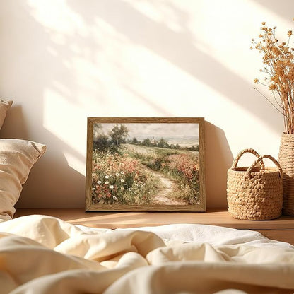 Wojuin Framed Vintage Cottagecore Canvas Wall Art, Landscape Nature Country Wildflower Wall Decor, Farmhouse Modern Rustic Fall Flower Artwork Prints for Living Room Bedroom Bathroom Office 8x10 in