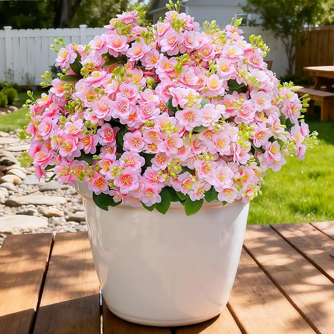 alyptus Artificial Flowers for Outdoors, 12 Bundles UV Resistant Spring Fake Flowers for Porch, Patio & Garden Decor – Realistic Outdoor Fake Plants with Lasting Color - Pink