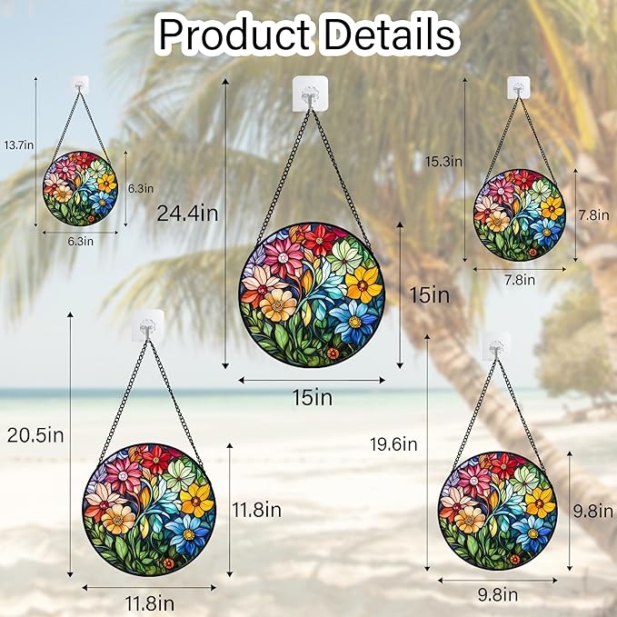 Stained Glass Window Hanging Colorful Flowers and Green Plants 7.8" - Suncatcher Door Garden Sun Catcher Home Decor Birthday Christmas for Mom Men Woman Nana Friend