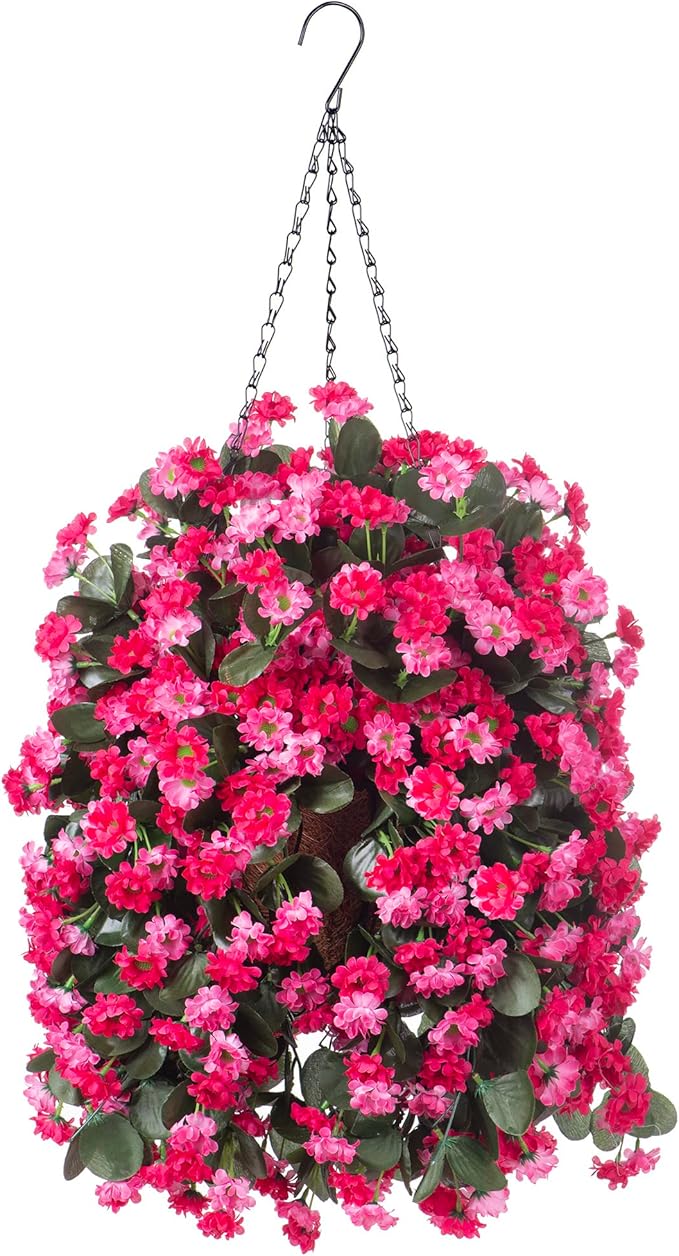 Artificial Flowers in Hanging Basket for Outdoors Indoors Decor, Artificial Mums Bush Flowers Plants with Baskets for Home Porch Garden Yard Patio Spring Summer Decoration (Rose Red)