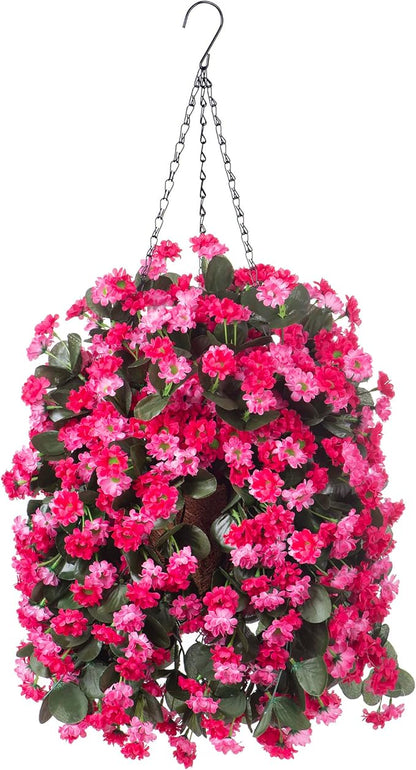 Artificial Flowers in Hanging Basket for Outdoors Indoors Decor, Artificial Mums Bush Flowers Plants with Baskets for Home Porch Garden Yard Patio Spring Summer Decoration (Rose Red)