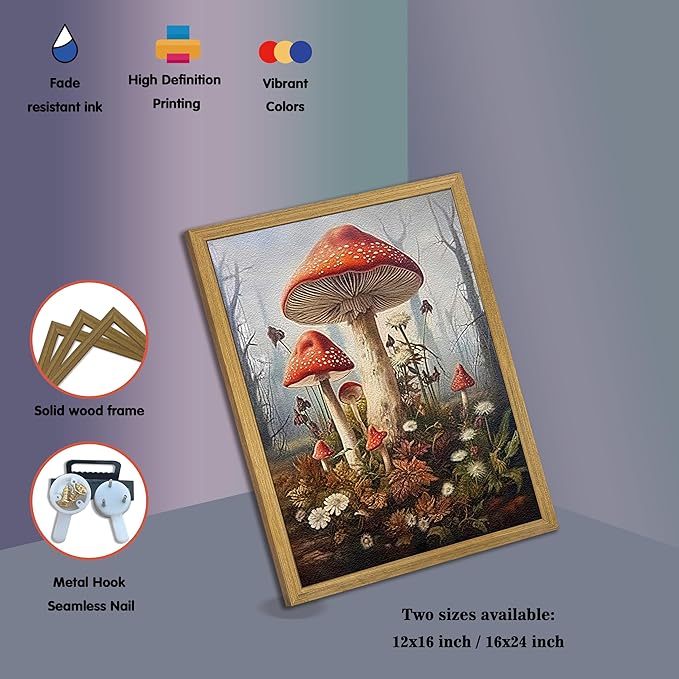 Framed 3D Textured Wall Art, Gothic Dark Mushroom Wall Decor, Vintage Hand Drawn Sandstone Nature Botanical Pictures for Living Room Bathroom Bedroom Dining Room 16x24 inch