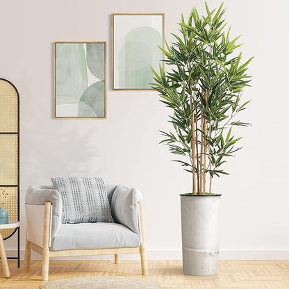 Artificial Tree in Gray Tan Watercolor Abstract Planter, Fake Bamboo Silk Tree for Indoor and Outdoor Home Decoration - 70" Overall Tall (Plant Pot Plus Tree)
