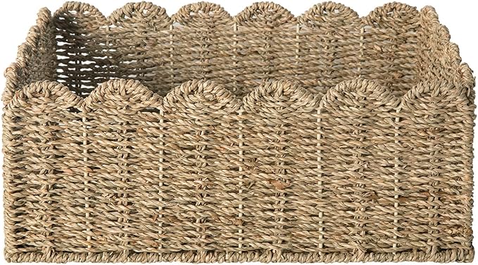 Scalloped Basket, Wicker Storage Baskets, Hand Woven Baskets for Shelves,Natural Baskets for Organizing (M-14" L x 10.5" W x 6" H-Seagrass)