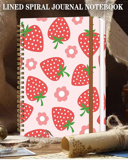 Spiral Journal Notebook for Women, Hardcover A5 College Ruled Notebook, 120 Pages, Thick Paper, Cute Lined Journal for School, Office & Work, 6 x 8.4 in(Pink Strawberry Flower)