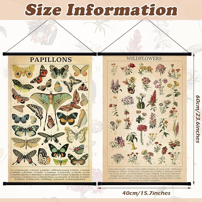 Geosar 2 Pcs Vintage Mushroom Flower Butterfly Tree Poster Fungus Rustic Wall Hanging Illustrative Reference Chart Poster for Bedroom Living Room, 15.7 x 23.6 Inch (Butterfly,Flower)