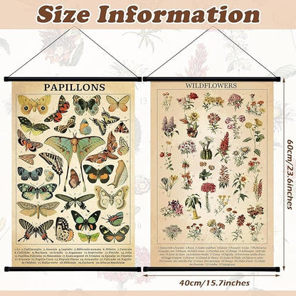 Geosar 2 Pcs Vintage Mushroom Flower Butterfly Tree Poster Fungus Rustic Wall Hanging Illustrative Reference Chart Poster for Bedroom Living Room, 15.7 x 23.6 Inch (Butterfly,Flower)