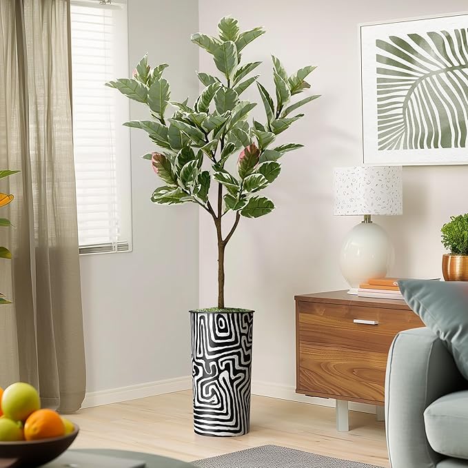 Artificial Tree in Modern Geometric Pattern Planter, Fake Rubber Silk TRE for Indoor and Outdoor Home Decoration - 70" Overall Tall (Plant Pot Plus Tree)