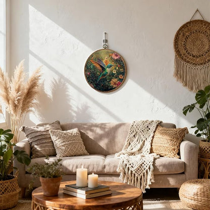 DEQSX Vintage Floral Hummingbird Round Wall Art, Rustic Nature Cottagecore Flower Botanical Bird Wall Decor Canvas Prints Posters for Home Bedroom Living Room, 10x10 Inches