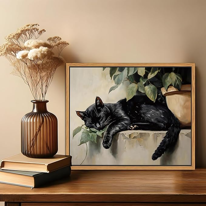Floating Framed Black Cat Canvas Wall Art, Lazy Cute Cat Wall Decor Paintings, Vintage Animal Plant Prints Poster, Rustic Aesthetic Home Decor for Living room Bedroom Bathroom 12x16 inch