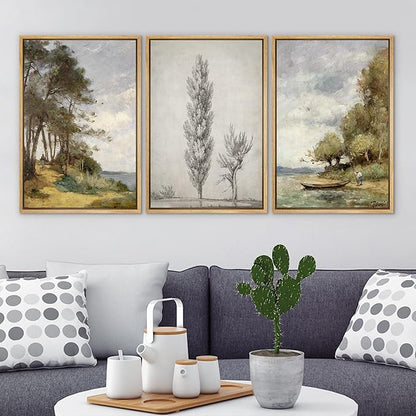 Ashbrook Framed Canvas Print Wall Art Set Forest Tree Lake Nature Wilderness Illustrations Fine Art Decorative Floral Botanical Garden Vintage for Living Room, Bedroom, Office - 16"x24"x3 Natural