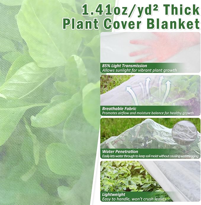 10×50 ft Plant Covers Freeze Protection- 1.4 oz/yd² Frost Cloths Blankets for Outdoor Plants, Reusable Floating Row Cover Plant Freeze Protection for Winter Garden Vegetables Raised Bed, White