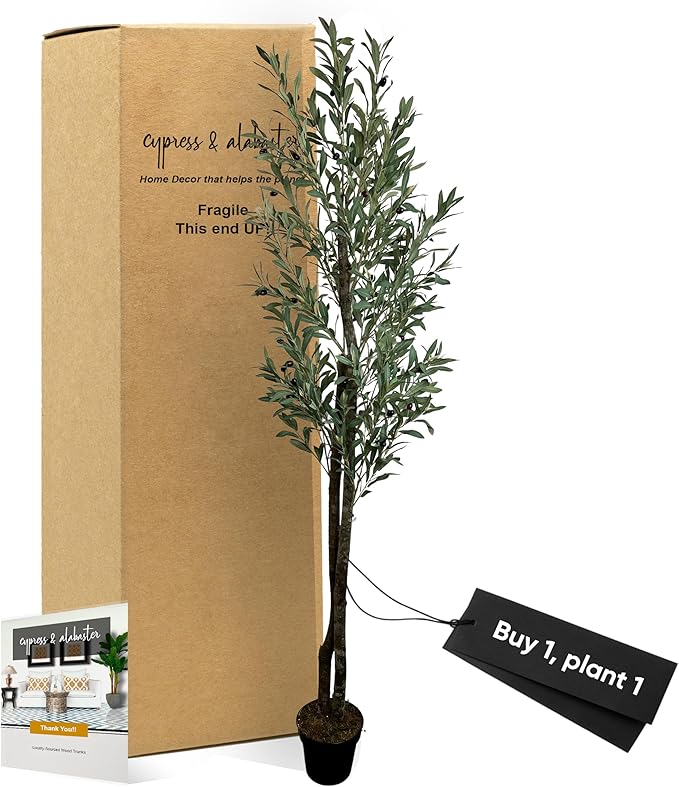 Cypress & Alabaster Handmade 6ft Young Olive Artificial Tree with Ethically Sourced Real Wood Trunks, Hypoallergenic, 6-Foot, Green
