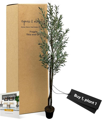 Cypress & Alabaster Handmade 6ft Young Olive Artificial Tree with Ethically Sourced Real Wood Trunks, Hypoallergenic, 6-Foot, Green