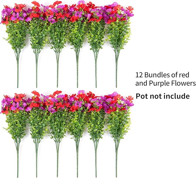 Artificial Fake Mums Flowers for Outdoor Fall Decor, 12 Bundles Faux Silk Plants Daisy for Planter Pot Colorful UV Resistant Look Real for Front Door Porch Patio Outside Yard(Red Purple)