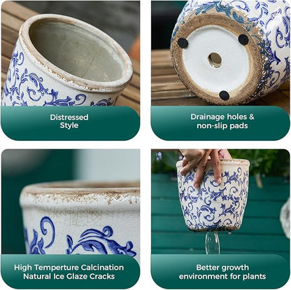 Vintage Ceramic Planter with Drainage Hole, Plastic Tray & Mesh, 6.5 Inch - Indoor/Outdoor Flower Pot, Blue Floral Rustic Farmhouse Design Plant pot for Home, Office & Garden Décor, Ideal Gift