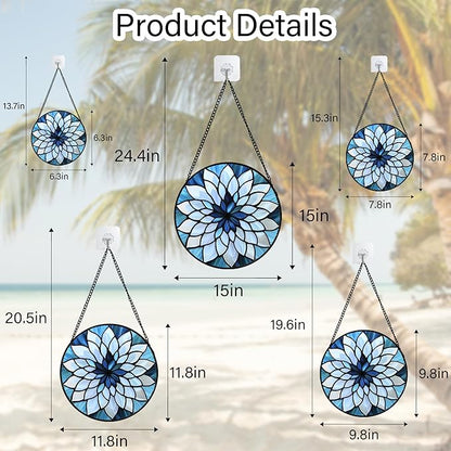 Stained Glass Suncatcher, Blue White Multi-Petal Flowers Sun Catcher Landscape Stain Glass Window Hanging Decoration Mother's Day Birthday Gifts for Women Men Mom Nana 15 in