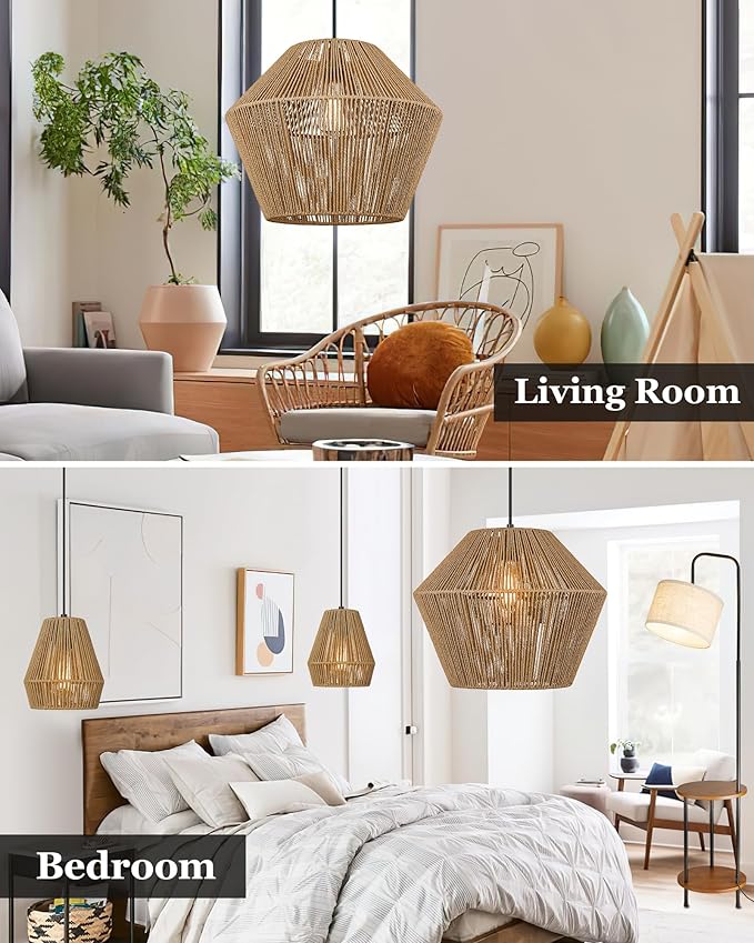 ELYONA 16.5” Large Woven Pendant Light Modern Boho Chandelier Handwoven Rattan Basket Shade Rustic Pendant Light Fixtures Farmhouse Ceiling Hanging Lamp for Dining Room Kitchen Bedroom Entryway Foyer