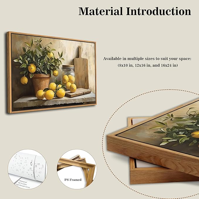 Floating Framed Vintage Kitchen Wall Art, Yellow Lemon Still Life Wall Decor Oil Paintings, Rustic Farmhouse Artwork Canvas Posters Prints Pictures for Living Room Bedroom Home Decor 12x16 Inch