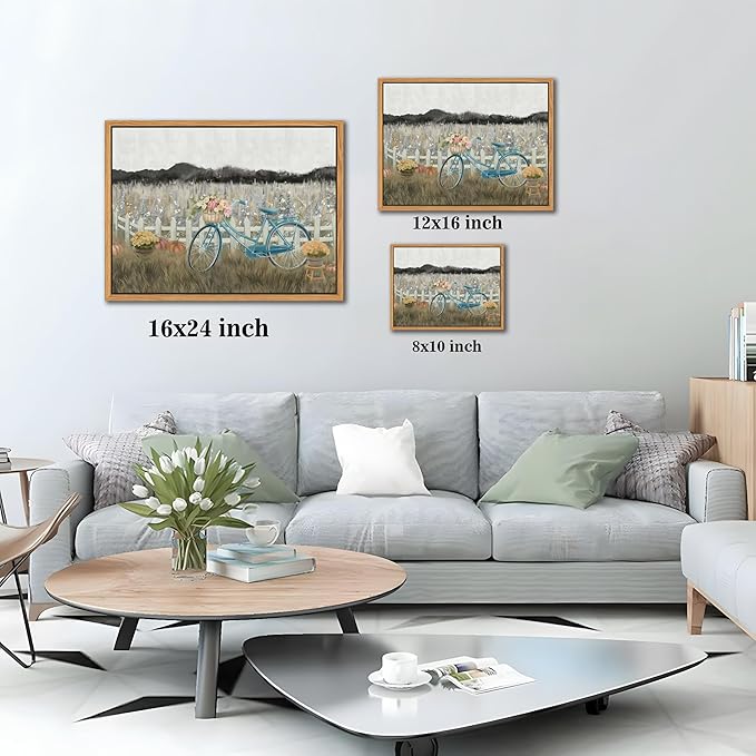 Floating Framed Canvas Wall Art, Vintage Blue Bicycle Flower Basket Wall Decor, Country Nature Landscape Wildflower Poster Print Paintings for Bathroom Living Room Bedroom Home Decor 12x16 inch