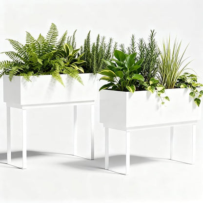 Worth Set of 2 Raised Metal Planter Box with Legs, Large & Small Galvanized Steel Elevated Garden Beds with Drainage Hole & Plug for Vegetables, Flowers & Herbs, Indoor & Outdoor Use - Glossy White