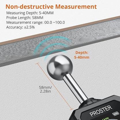 Proster Rechargeable Moisture Meter - Pinless Damp Meter for Walls with 2.4 inch Colour LCD Screen Sound Light Alarm Damp Detector Detects 5-40 mm Depth for Wood Building Cardboard Concrete