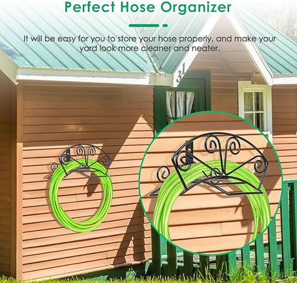 TomCare Garden Hose Holder Heavy Duty Water Hose Holder Solid Metal Hose Hanger Wall Mount Decorative Durable Garden Hose Storage Hose Reel Hose Organizer for Outside Yard, Black