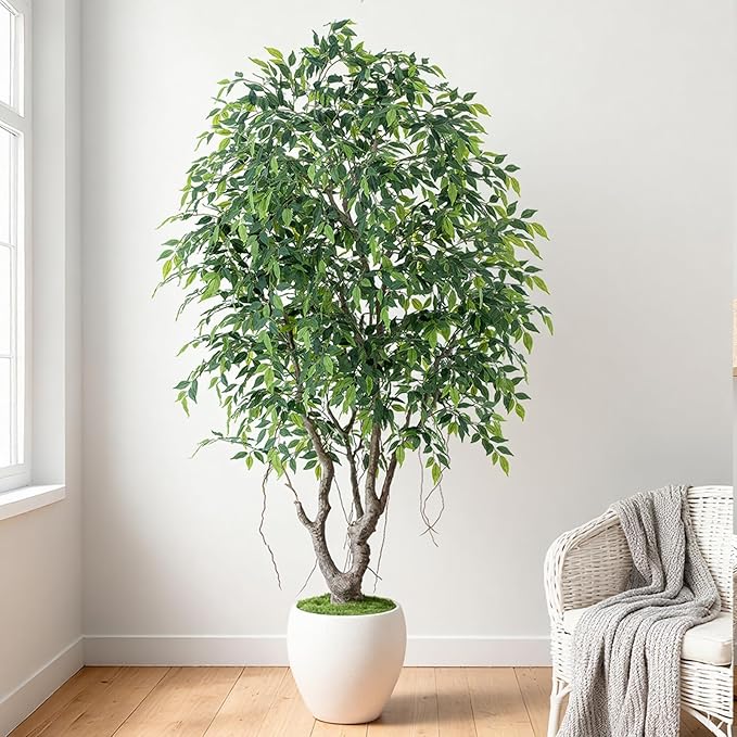 8ft Luxury Ficus Artificial Trees with Natural Curved Trunks, 96" Tall Lush Faux Banyan Tree in Round Artisan Planter for Home Decor Indoor, Large Fake Tree for Big House Home Villa Office