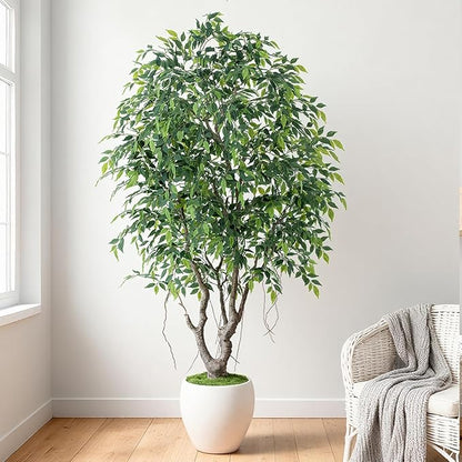 8ft Luxury Ficus Artificial Trees with Natural Curved Trunks, 96" Tall Lush Faux Banyan Tree in Round Artisan Planter for Home Decor Indoor, Large Fake Tree for Big House Home Villa Office