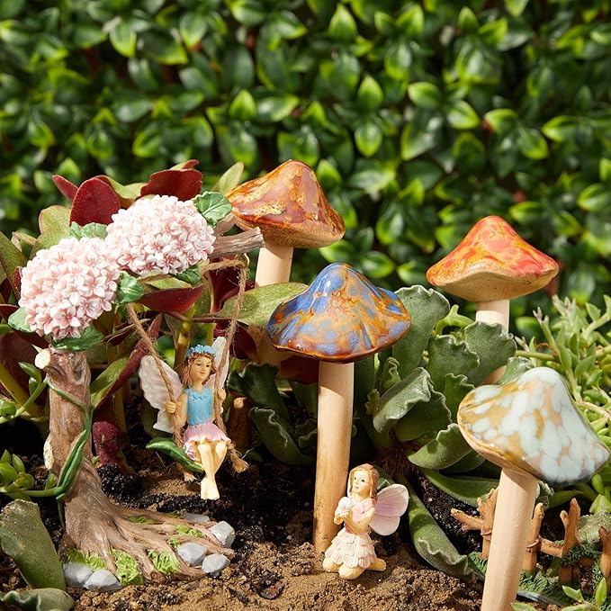 Juvale Ceramic Outdoor Mushrooms Plant Stakes - 5 in, Assorted Brown, Red, Orange & Green, 4-Pack - Set of Garden Mushrooms for Planter Pots & Indoor & Outdoor Garden Decor
