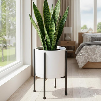 D'vine Dev 8 Inch White Planter Pot with Stand – Modern Plastic Cylinder Flower Pot with Heavy-Duty Metal Stand for Indoor Plants, 55-D-A-1