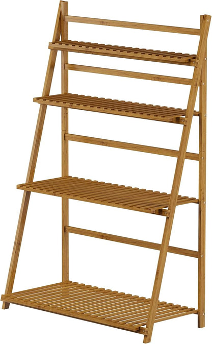 Pure Garden Ladder Plant Stand-4 Tier Freestanding Bamboo Storage Shelf-Foldable Indoor/Outdoor Rack for Flowerpots, Planters, Shoe Rack or Display