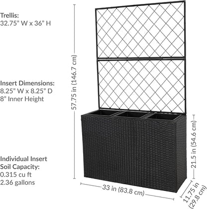 Sunnydaze 3-Section Tall Wicker Planter Box with Trellis - 3 Removable Plastic Inserts - Raised Garden Bed with Trellis - 33" W x 11.75" D x 57.75" H