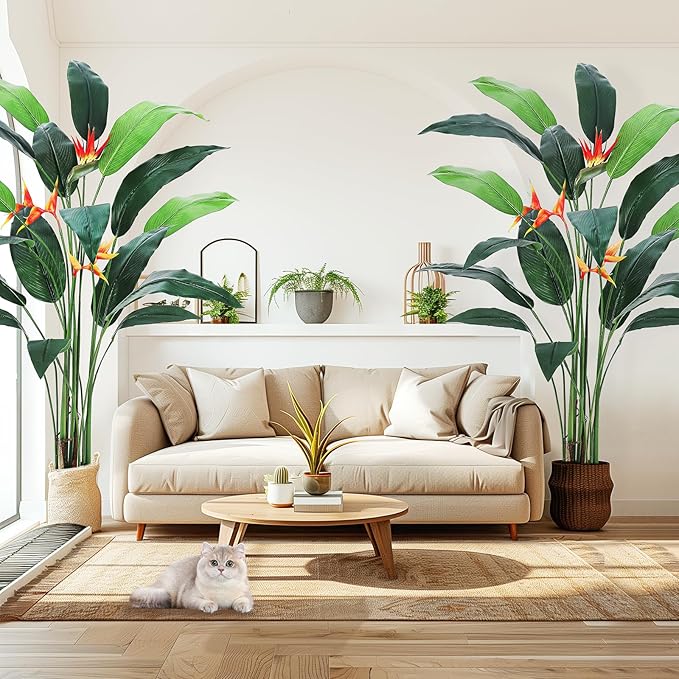 Artificial Bird of Paradise Plant 7 ft(84 in) Fake Palm Tree for Indoor Outdoor Modern Decor Faux Tree for Home Office Perfect Housewarming Gift with 17 Trunks Faux Leaves & 3 Flowers 2 Pack