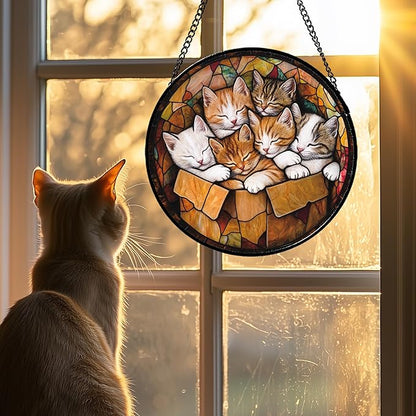 Stained Glass Window Hanging 6 Cute Kittens 9.8" - Cat Gift Suncatcher Door Sun Catcher Decor Birthday Christmas for Lost Pets Mom Men Woman Friend